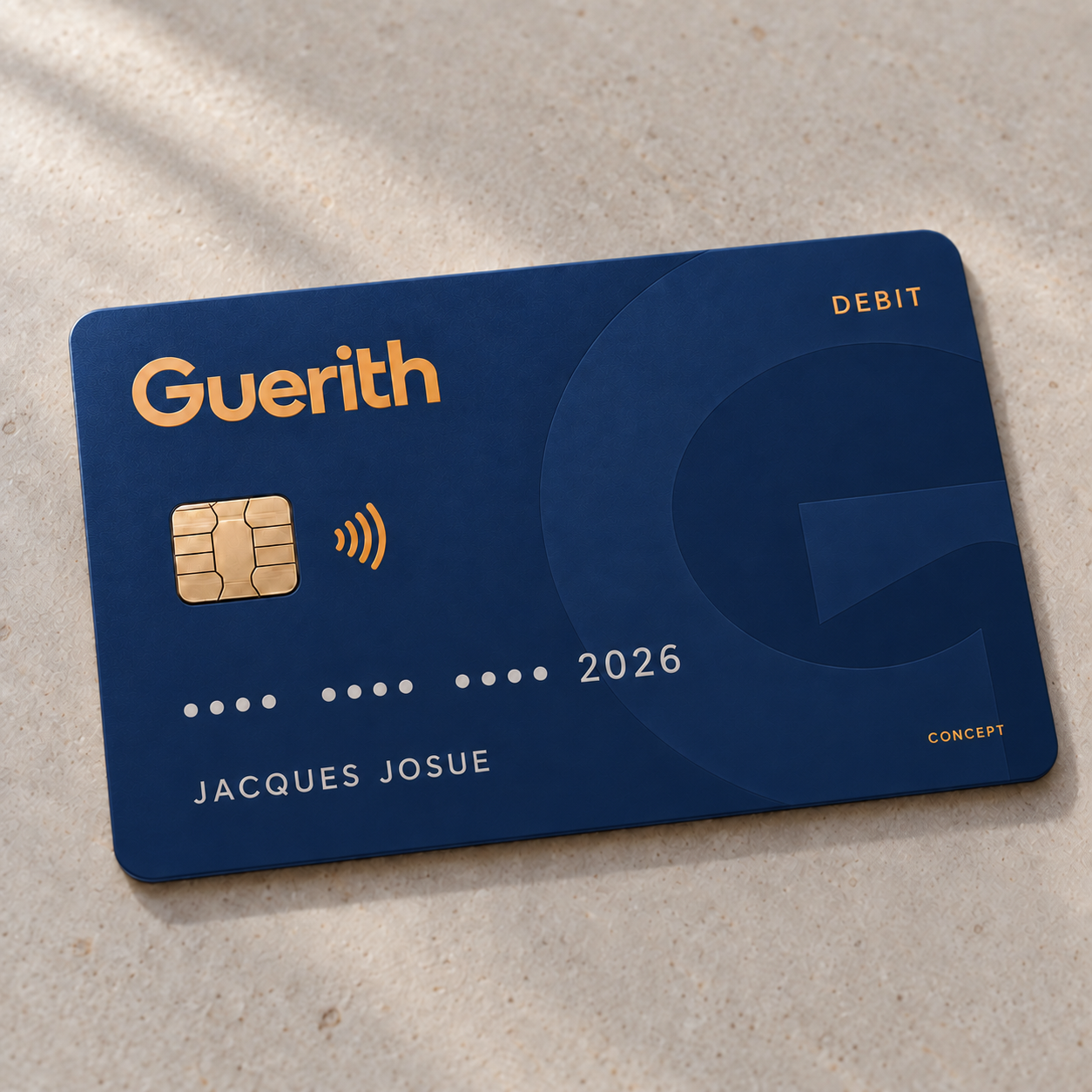 Original navy blue Guerith debit card concept with gold lettering