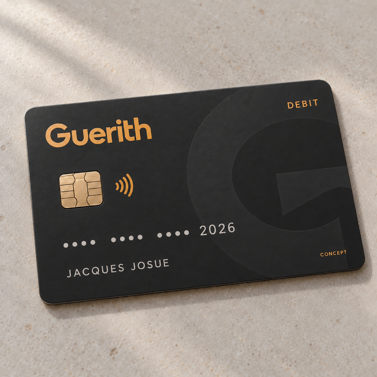 Original black Guerith debit card concept with gold lettering