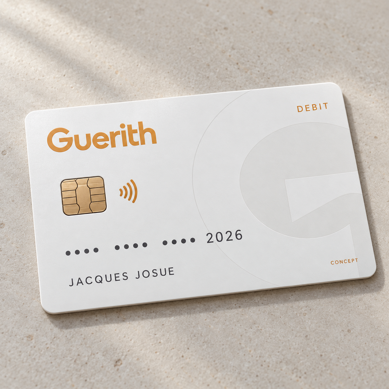 Original white Guerith debit card concept with gold lettering