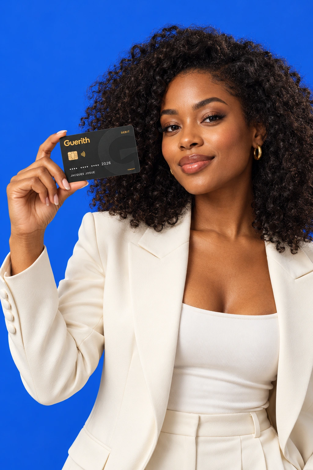 A woman holding the black and gold Guerith card against a blue studio background