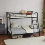 win Over Full Bunk Bed Frame with Ladder Metal Beds Frames for Bedroom Black