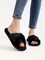 Cross Warm Fluffy Furry Slippers Women Lightweight Flat Heels Fur Slides Woman Autumn Winter