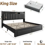 King Size Bed with 2-Tier Storage, Upholstered, 3 USB & Type-C Ports, Solid Slats, No Box Spring, Noise-Free, Black