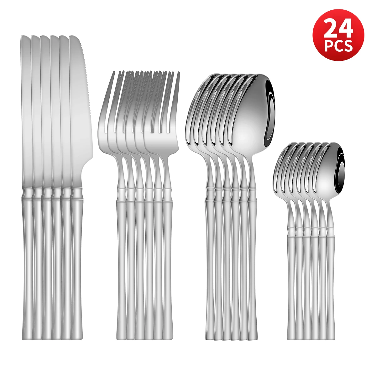 S0241cb20bbe54fb6bcd95d8750970094x.webp 4/6/16/24pcs Silver stainless steel cutlery Steak knife and fork dessert spoon spoon and teaspoon Home restaurant cutlery set