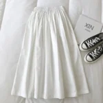 Women's White Long Skirt High Waist A-Line Knee-Length Fashion Pockets Pleated Casual Elegant Skirts for Autumn - Image 8