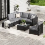 Farini Patio Sectional Sofa Set, Outdoor Furniture with Ottoman, Water/Oil/Stain-Resistant Fabric, Dark Gray Cushion + Gray Wick - Image 2