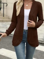 New fashion women’s solid color casual pit stripe brushed cardigan jacket