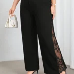 Women's plus size black elegant spring summer casual split lace patchwork loose elastic waist wide leg pants straight leg pants
