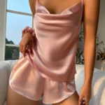 Solid Satin Pajama Set V Neck Cami Top Elastic Waistband Shorts Women's Sleepwear Loungewear