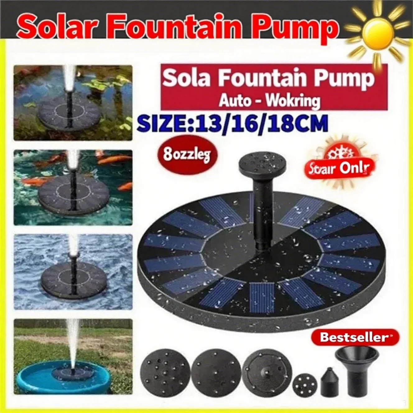 S04c3151082d4411cb074e038a3bc7ceaD.webp 13cm, 16cm, 18cm Solar Fountain Pumps - Ideal for Outdoor Garden Pools, Bird Baths, Small Ponds. 8-Nozzle Floating Model - Image 1