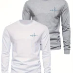 100% pure cotton men's long sleeved round neck loose casual letter cross pattern printed spring and autumn versatile T-shirt top
