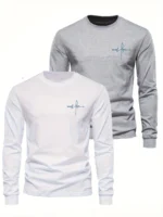 100% pure cotton men's long sleeved round neck loose casual letter cross pattern printed spring and autumn versatile T-shirt top