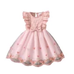 Dress For Girls Yellow O-Neck Fly-Sleeve Tulle Bowknot 8-12 Years Summer Elegant Sweet Style Princess Dress kids Clothing