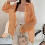 Semi Sheer Long Sleeve Shirt for Women Shimmer Button Down Collared Plain Lightweight