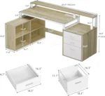 65″ L-Shaped Corner Desk with Drawers, Power Outlets & LED Lights, White Oak Home Office Computer Desk with Storage Shelves