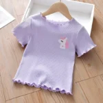 Girls Embroidered Short Sleeve T-Shirt Ice Silk Summer Top with Ruffle Trim Stretchy Soft for Toddler Baby 1-6 Years - Image 8