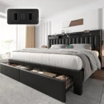 King Size Bed with 2-Tier Storage, Upholstered, 3 USB & Type-C Ports, Solid Slats, No Box Spring, Noise-Free, Black