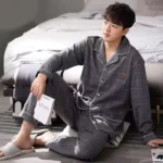 Cotton Men Pajamas Set of Autumn Winter Long-Sleeved Cardigan Plus Size Men Models of Home Clothing Plaid Sleepwear 2PCS/Set - Image 5