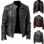 2023 Fashion Mens Leather Jacket Slim Fit Stand Collar PU Jacket Male Anti-wind Motorcycle Lapel Diagonal Zipper Jackets Men - Image 2