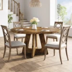 47-Inch Round Dining Table Large Wooden Kitchen Table For 4 to 6, Farmhouse Dinner Table For Home Dining Room or Living Room