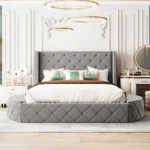 3-Piece Bedroom Set,Queen Size Velvet Upholstered Platform Round Bed and 1 Drawer,2 Side Storage Stool,with Wingback Headboard-G - Image 3