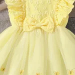 Dress For Girls Yellow O-Neck Fly-Sleeve Tulle Bowknot 8-12 Years Summer Elegant Sweet Style Princess Dress kids Clothing
