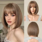 ALAN EATON Short Ombre Brown Synthetic Natural Bob Straight Wigs with Bang for Women Party Daily Use Heat Resistant Fiber