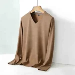 Men's Camel V-neck Long Sleeve Tee Slim Fit Soft Knit Pullover Spring & Autumn Shirt - Image 10