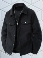 Men's Casual Black Corduroy Jacket Vintage Trucker Style Long Sleeve Button Up Coat