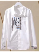 Designer-Inspired Niche Vertical Stripe Slim-Fit Pure Cotton Embroidered Shirt for Women - Image 6