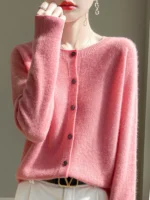 Women 100% Merino Wool Cardigan Soft O-Neck Cashmere Sweater OL Buttoned Knitwear Casual Top Clothing - Image 4