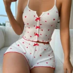 Sleepwear Women Pajamas Set Heart Print Soft Ribbed Fabric with Flirty Frill Trim Casual Cami Top and Shorts Sets Loungewear