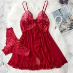 New Blue Contrast Lace Ruffle Trim Lingerie Set Deep V Dress And Thong Women’s Sexy Sleepwear Underwear Hollow Bra Panty Sling
