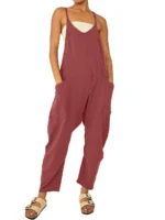 women's pure color patch bag zipper jumpsuit suspenders jumpsuit - Image 10