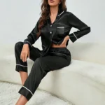 Spring Autumn Silk Pajamas Set for Women Casual Soft Nightwear Tops and Pants Solid Buttons Cardigan Sleepwear Homewear - Image 2