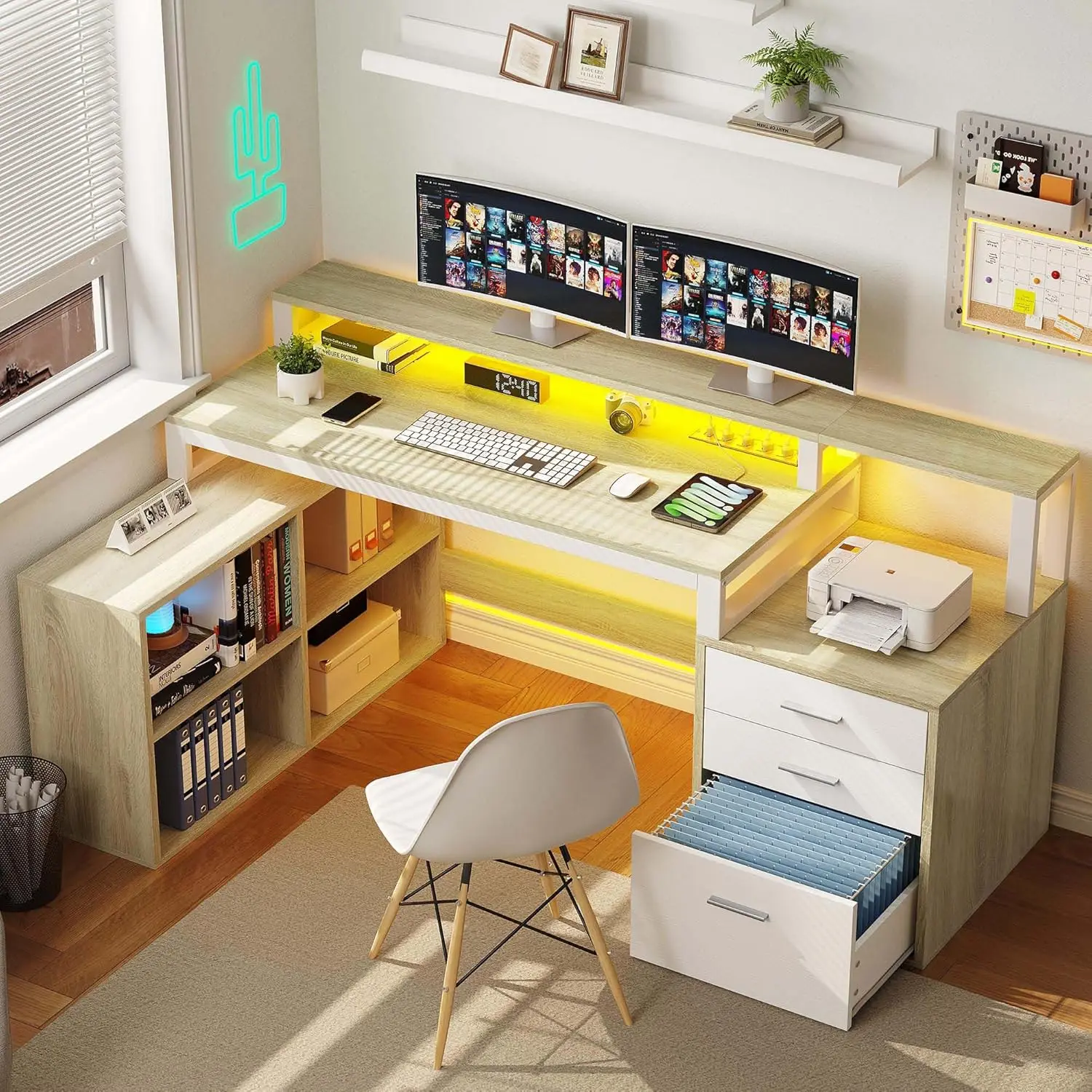 S12f66910c6234ca9b11d2db673e29454P.webp 65″ L-Shaped Corner Desk with Drawers, Power Outlets & LED Lights, White Oak Home Office Computer Desk with Storage Shelves