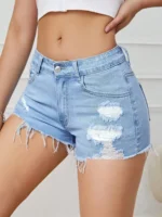 Ripped Raw Denim Shorts For Women Fashion A-line Hem Female Summer Hot Pants - Image 5