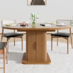59 Inch Extendable Round Dining Table for 4-6-8 Dining Room Kitchen Table with Storage Fluted Wood Slide Door Customized