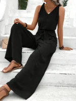 Women Solid Jumpsuit Casual Fashion Sleeveless Rompers Office Lady V Neck Jumpsuits - Image 5