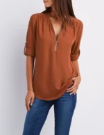 Women Cool Loose Shirt Deep V Neck Chiffon Fashion Blouse Casual Ladies Tops Sexy Zipper Pullover Plus Size