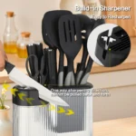 17Pcs Silicone Kitchen Utensils Set with Knife Block Stainless Steel Kitchen Knives Set Non-Stick Cooking Tools Scissors Peeler - Image 3