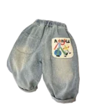 2026 New Spring Childrens Pants Fun Cartoon Print Patch Pocket Boys Jeans Elastic Waist Loose Denim Trousers