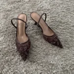 String Bead Mesh Embroider Slingback High Heels Women Sexy Pointed Toe Heeled Sandals - Image 3