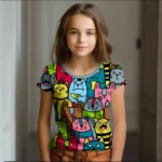 Girl Clothes Summer Cartoon Cat Graphic Children’s Clothing Kids Art Doodling Short Sleeve T Shirt Causal O-Neck Children Top