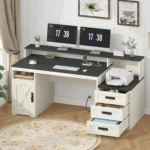 Farmhouse Computer Desk with Drawers, 65” Home Office Desk with Power Outlets, Storage Cabinet and Printer Stand, Customized