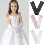 1 Pair Little Girls Long Princess Costume Glove White Dress Up Beading Glove for Kids Party Wedding Birthday
