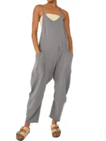 women's pure color patch bag zipper jumpsuit suspenders jumpsuit - Image 3