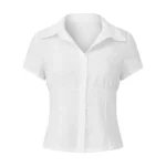 Women Summer Kawaii Solid Shirring Button Up Turn Down Collar Short Sleeve