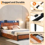 Metal Bed Frame With Storage Headboard & 4 Drawers, Built in Charging Station & LED Light, No Box Spring Needed - Image 4