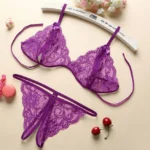 New Blue Contrast Lace Ruffle Trim Lingerie Set Deep V Dress And Thong Women’s Sexy Sleepwear Underwear Hollow Bra Panty Sling